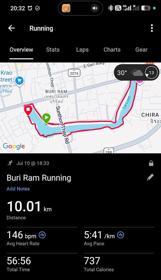 Garmin running data from Khlong Lalom in Buriram