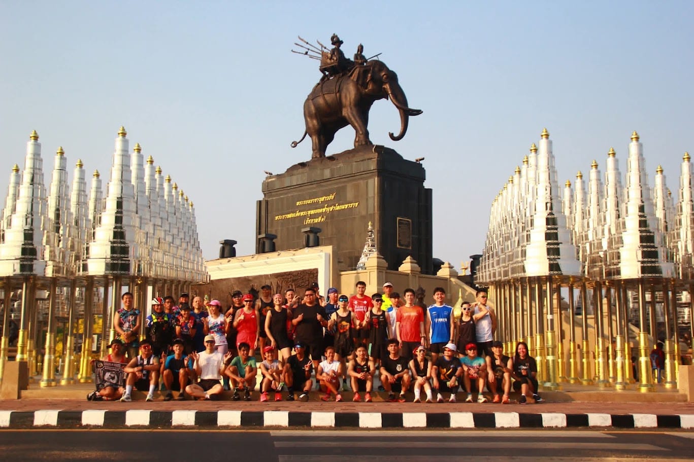 Running group at King Rama I Monument in Buriram, Thailand